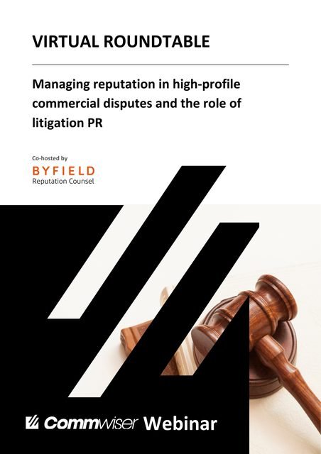 Poster for a Commwiser virtual roundtable on managing reputation in high-profile commercial disputes